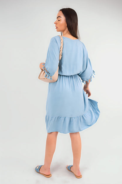 V-Neck Short Sleeve Midi Dress with Tassel Detail
